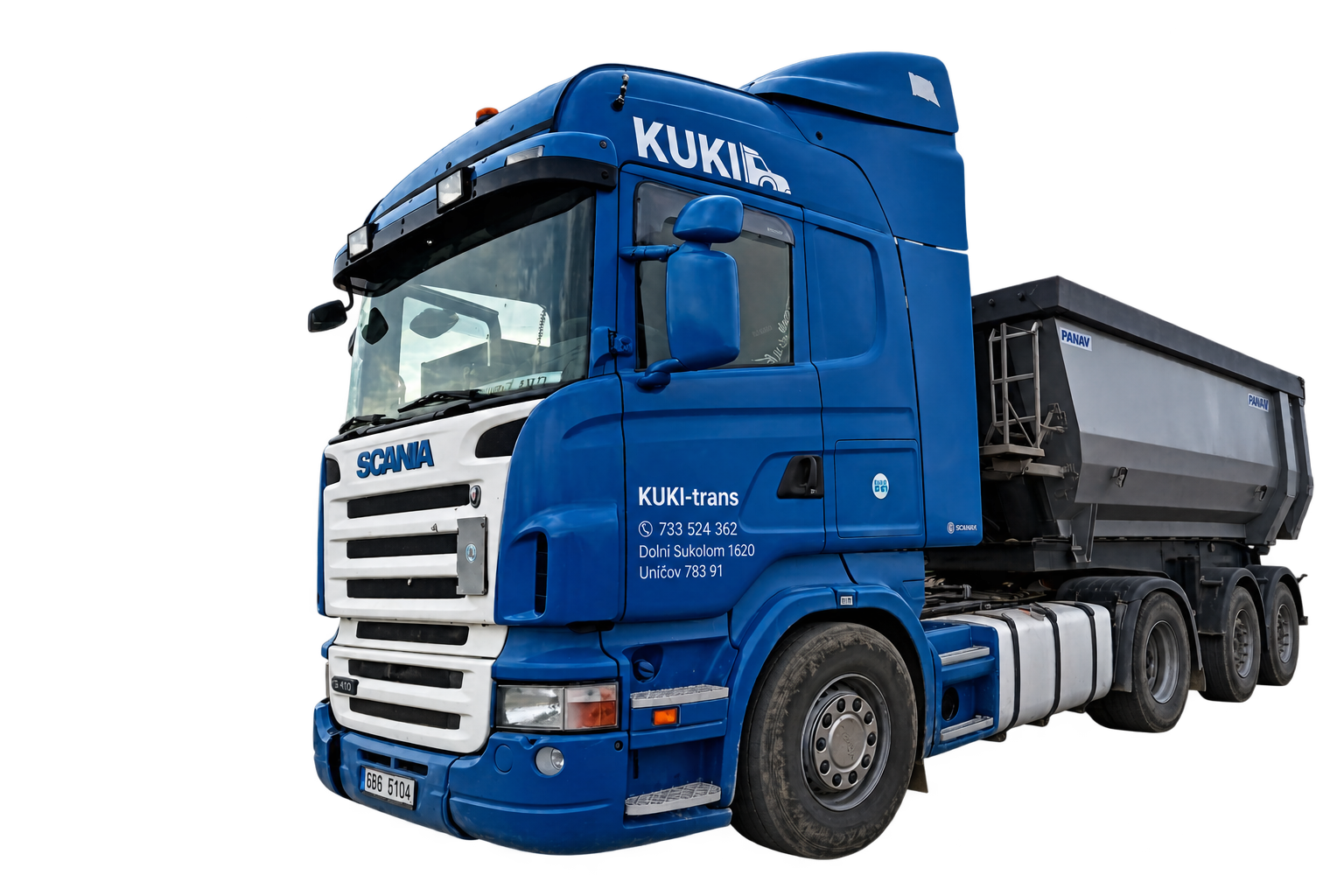 Modrá tahač Scania Autodopravy KUKI-trans se sklápěcím návěsem